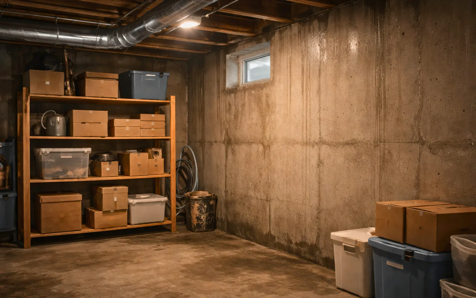 A moist and moldy basement, representing the need for basement dehumidifiers in Lexington homes