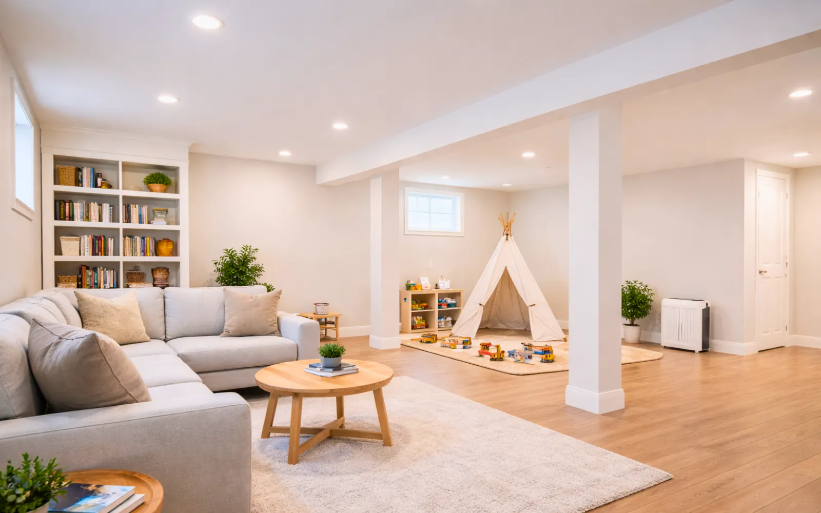 A stylish and modern basement with an appropriate basement dehumidifier installed