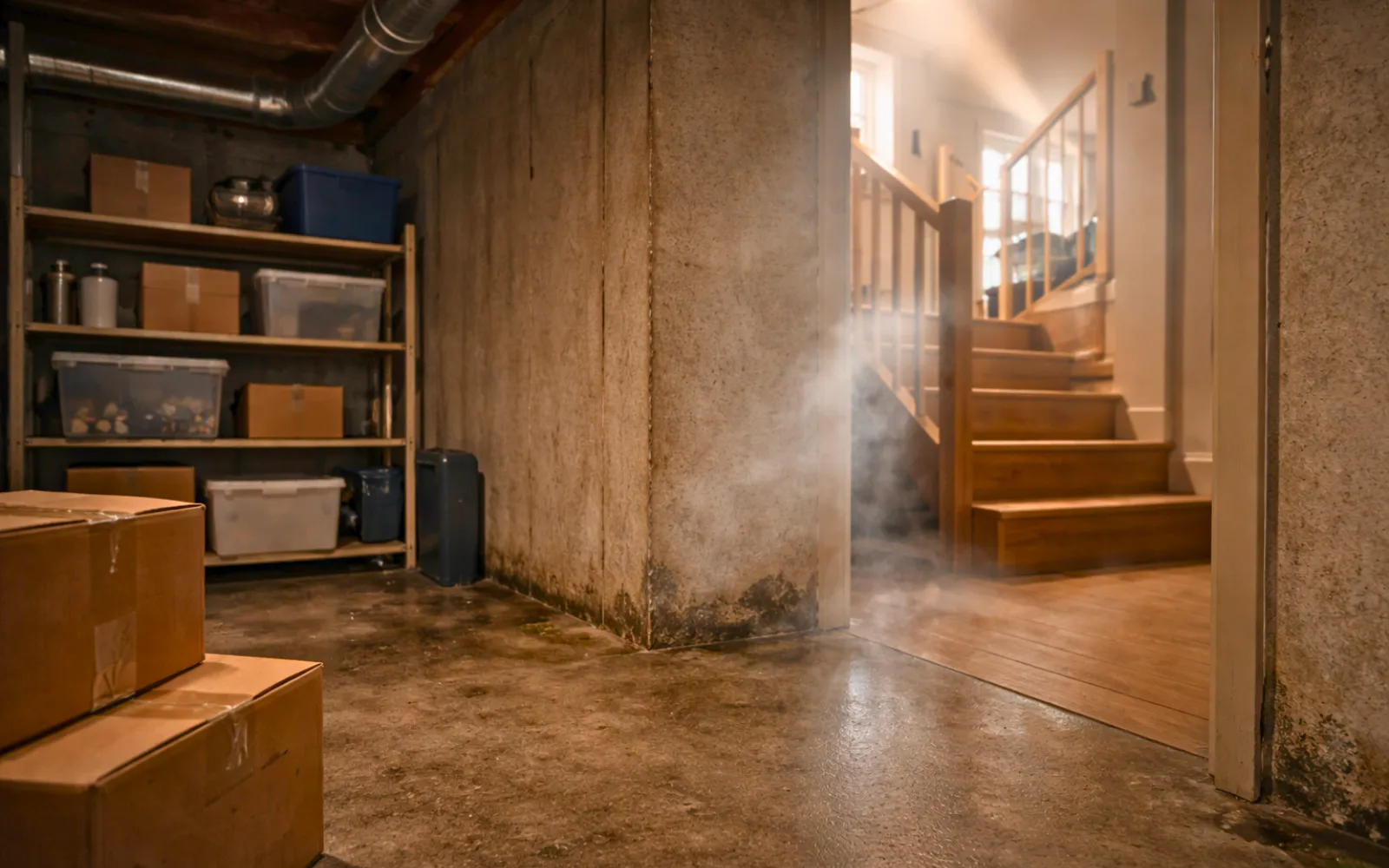 Obvious water vapor in the air in a basement, representing basement moisture problems in Lexington KY