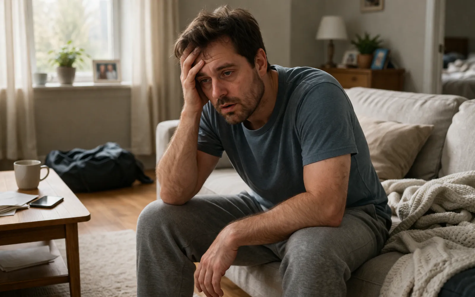 A visibly exhausted man sitting on a sofa with his head in his hand, representing brain fog caused by mold toxicity and poor indoor air quality