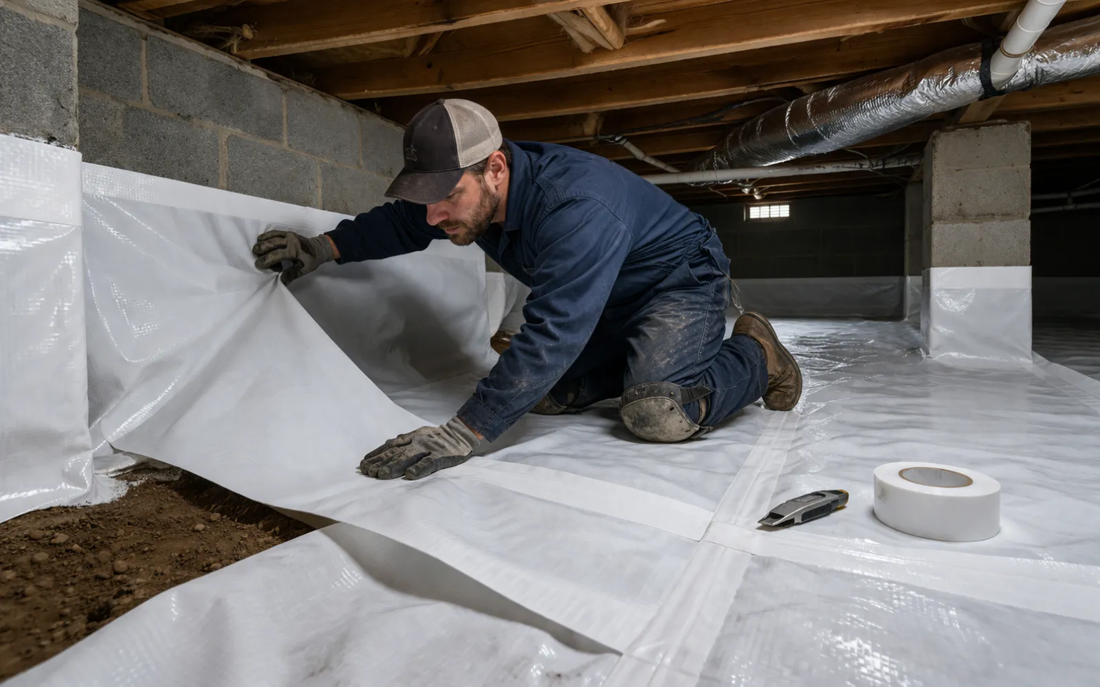 A member of Spotless' remediation team installing a crawlspace vapor barrier in a Lexington home