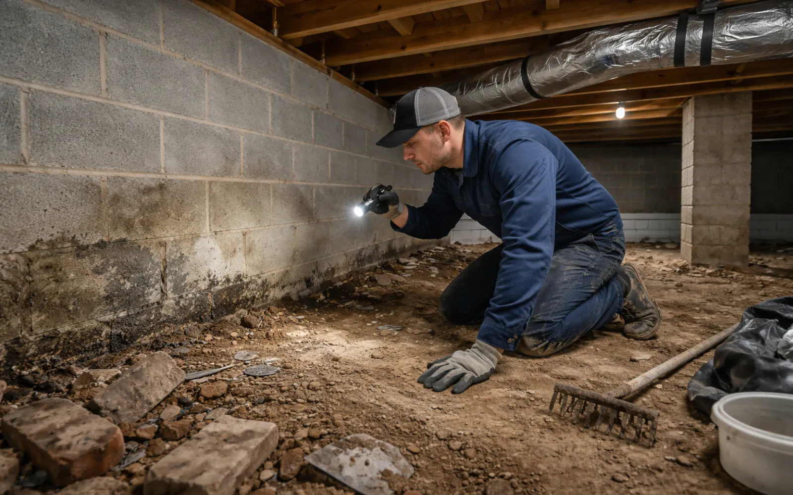 A member of Spotless' team inspecting a crawlspace in Lexington KY