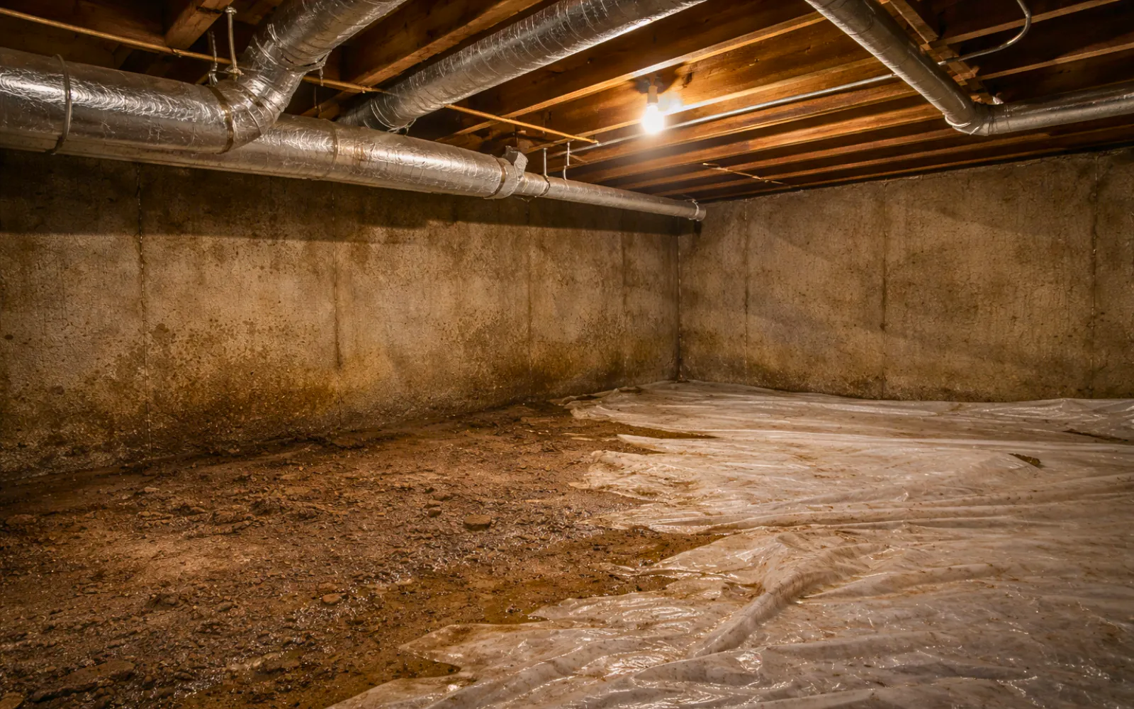 A waterlogged crawlspace with a failed moisture barrier, representing the importance of correct basement dehumidifier installation