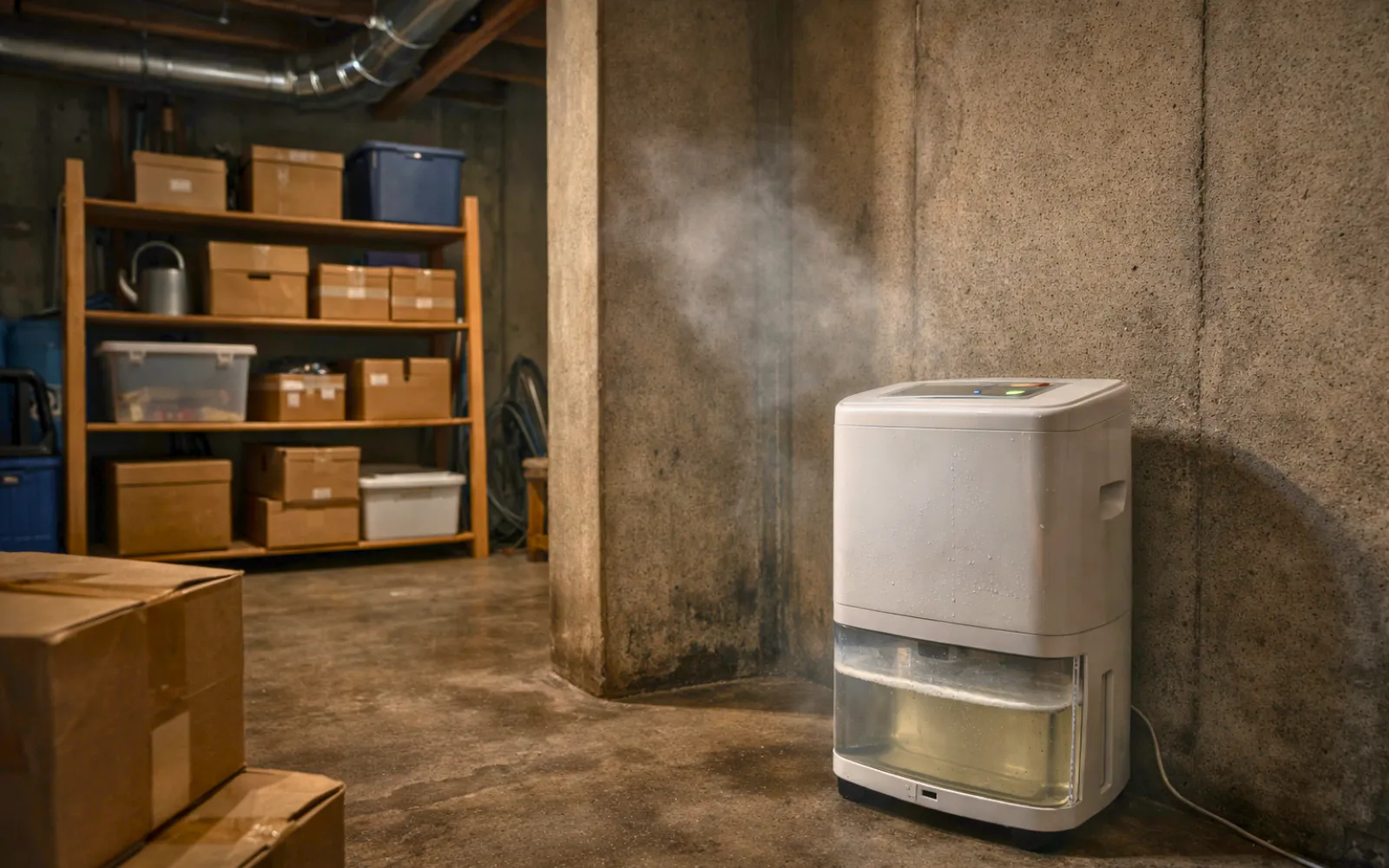 An overloaded and failing DIY basement dehumidifier, representing the importance of correct basement dehumidifier installation