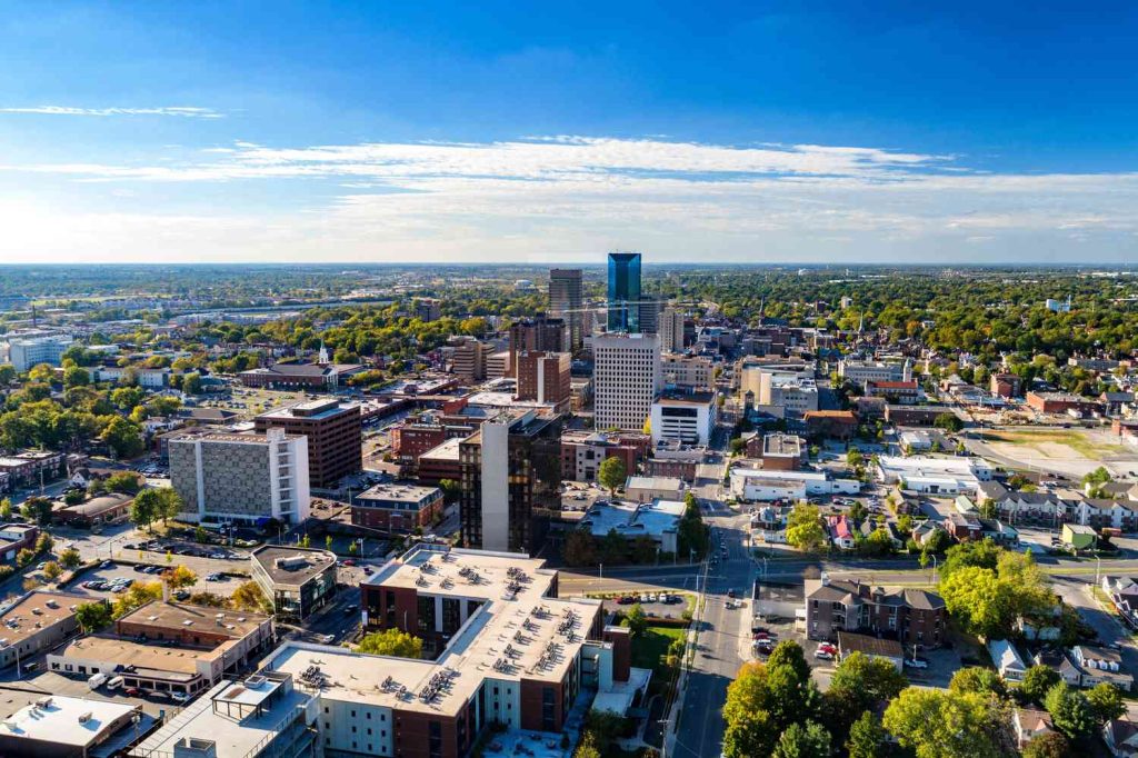 An aerial drone shot of Lexington, KY