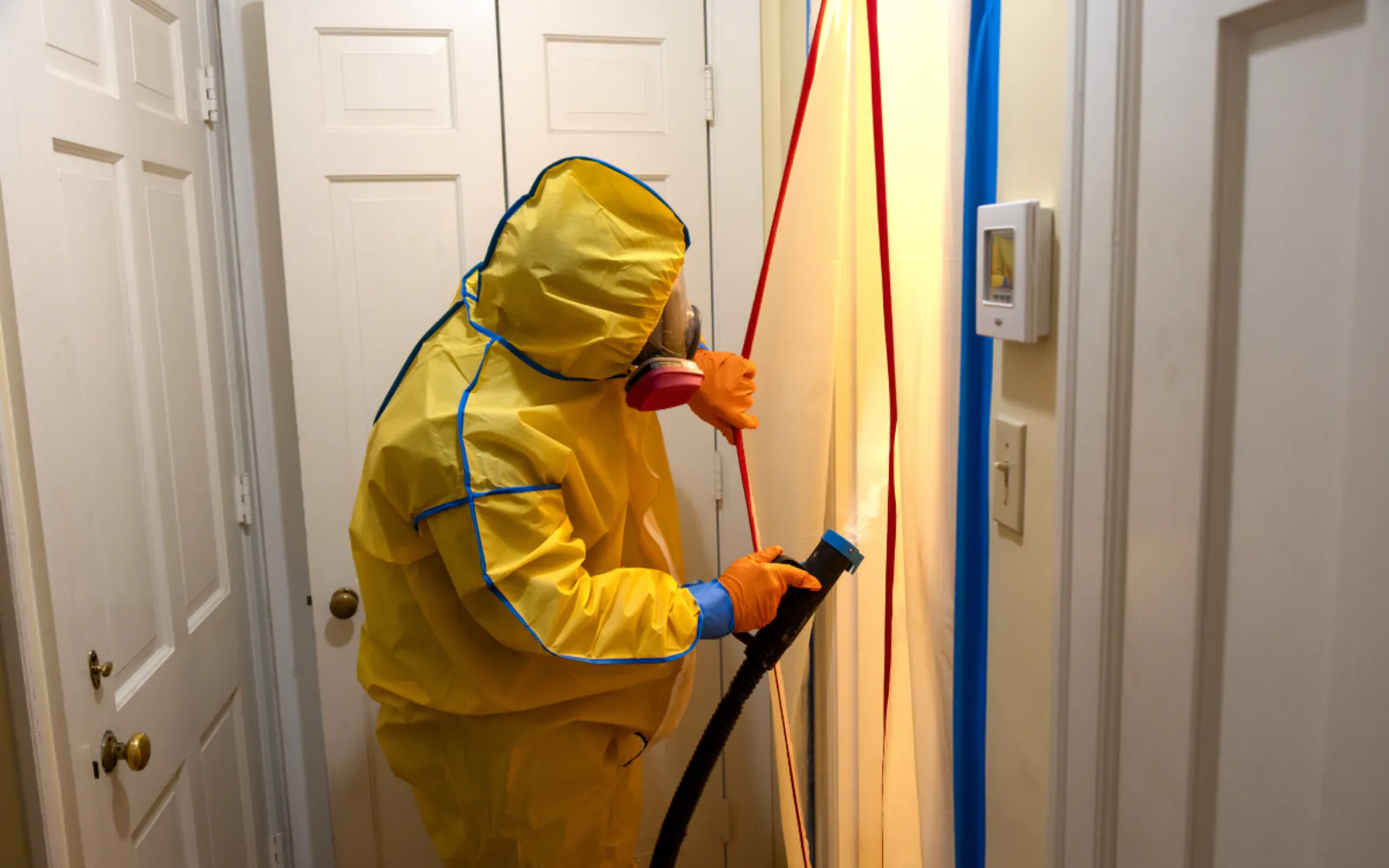 A mold remediator in a hazmat suit using a mold fogging machine in a contained area