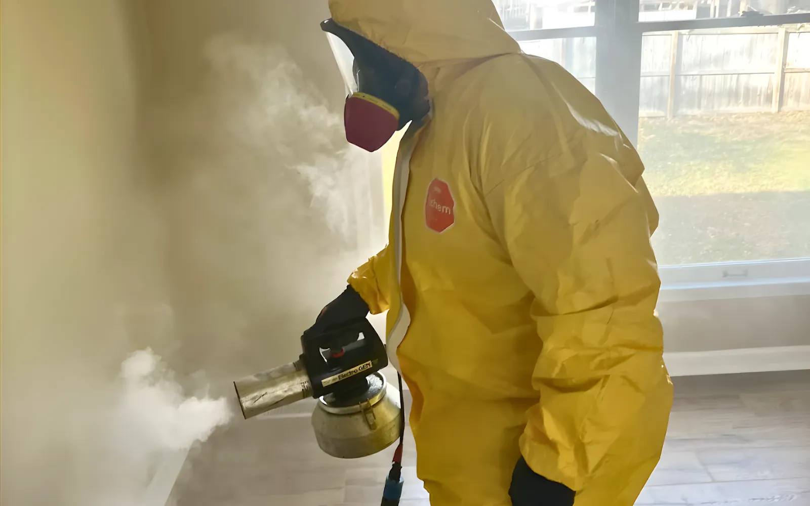 A mold remediator in a full HazMat suit using a mold fogging machine in a Lexington home