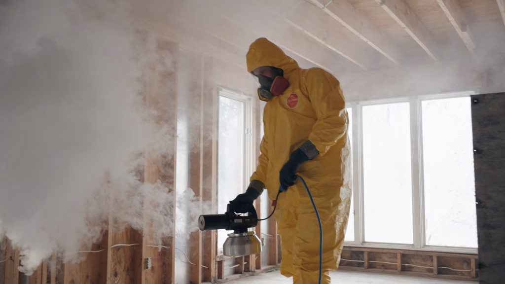 A Spotless mold technician performing mold fogging in a Lexington home