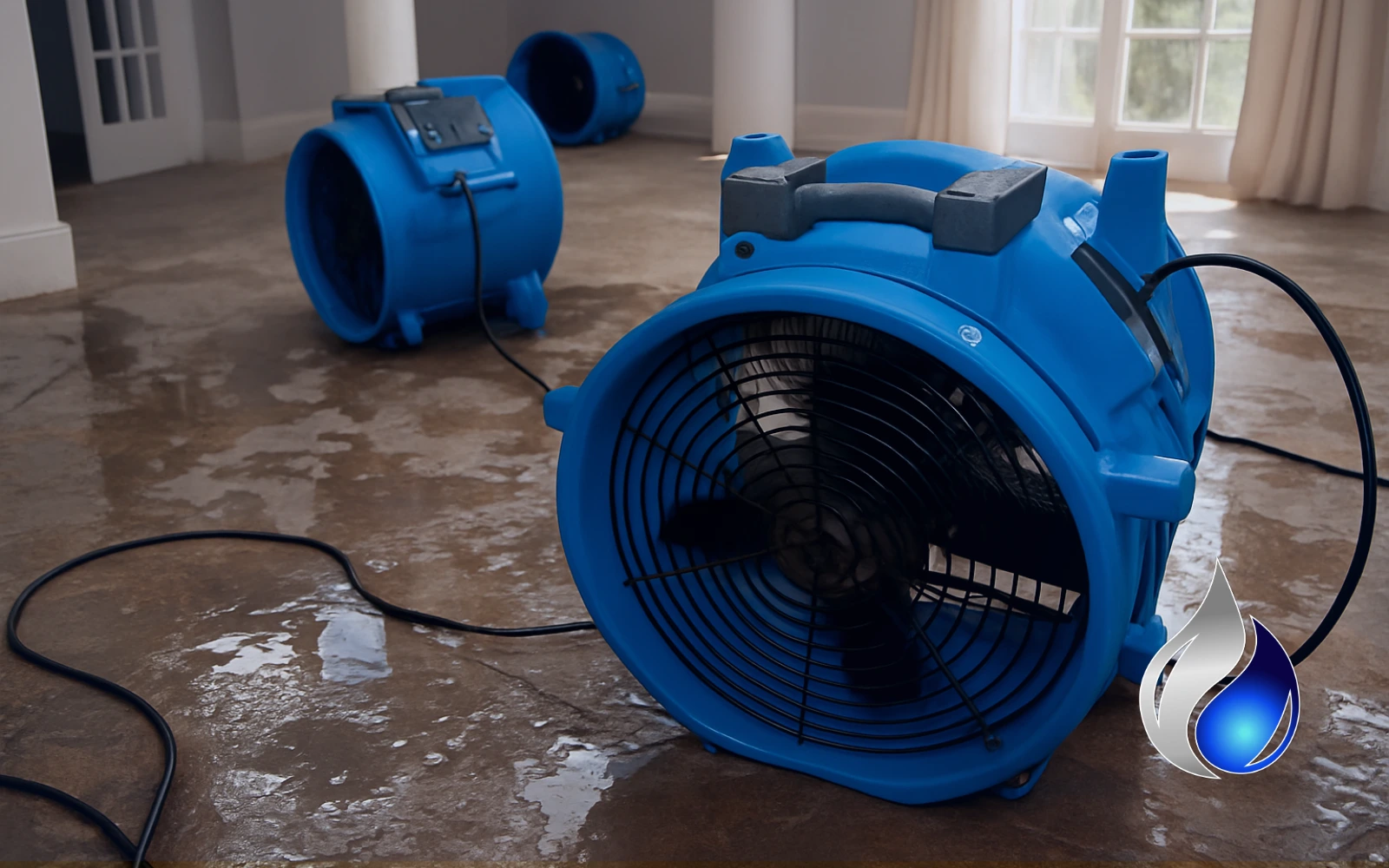Large air movers in a Lexington home for fast drying of water damaged properties