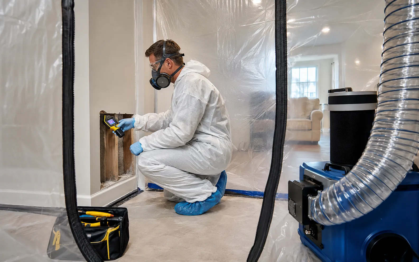 A Spotless team member undertaking a professional mold remediation job with containment, negative air pressure and full PPE.