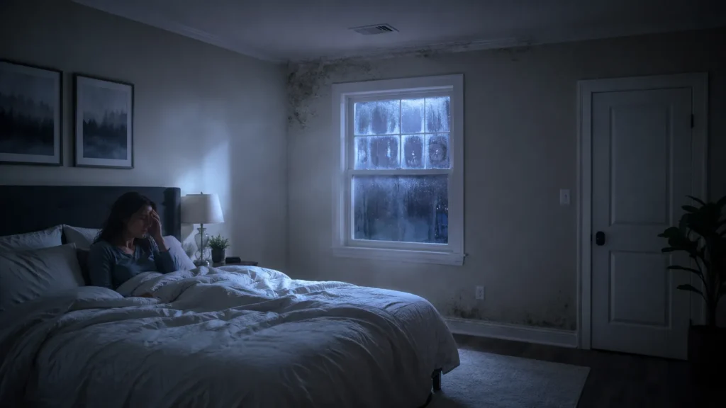 A woman sitting in bed at hnight, holding her head, obviously suffering from negative mold symptoms