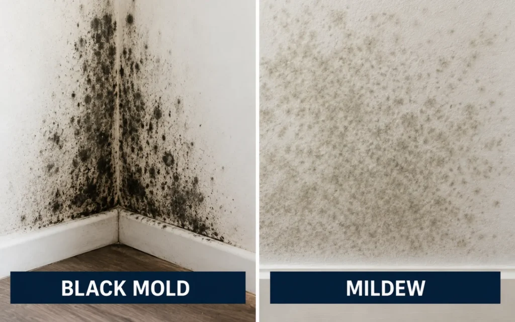 A side-by-side comparison image of black mold and mildew