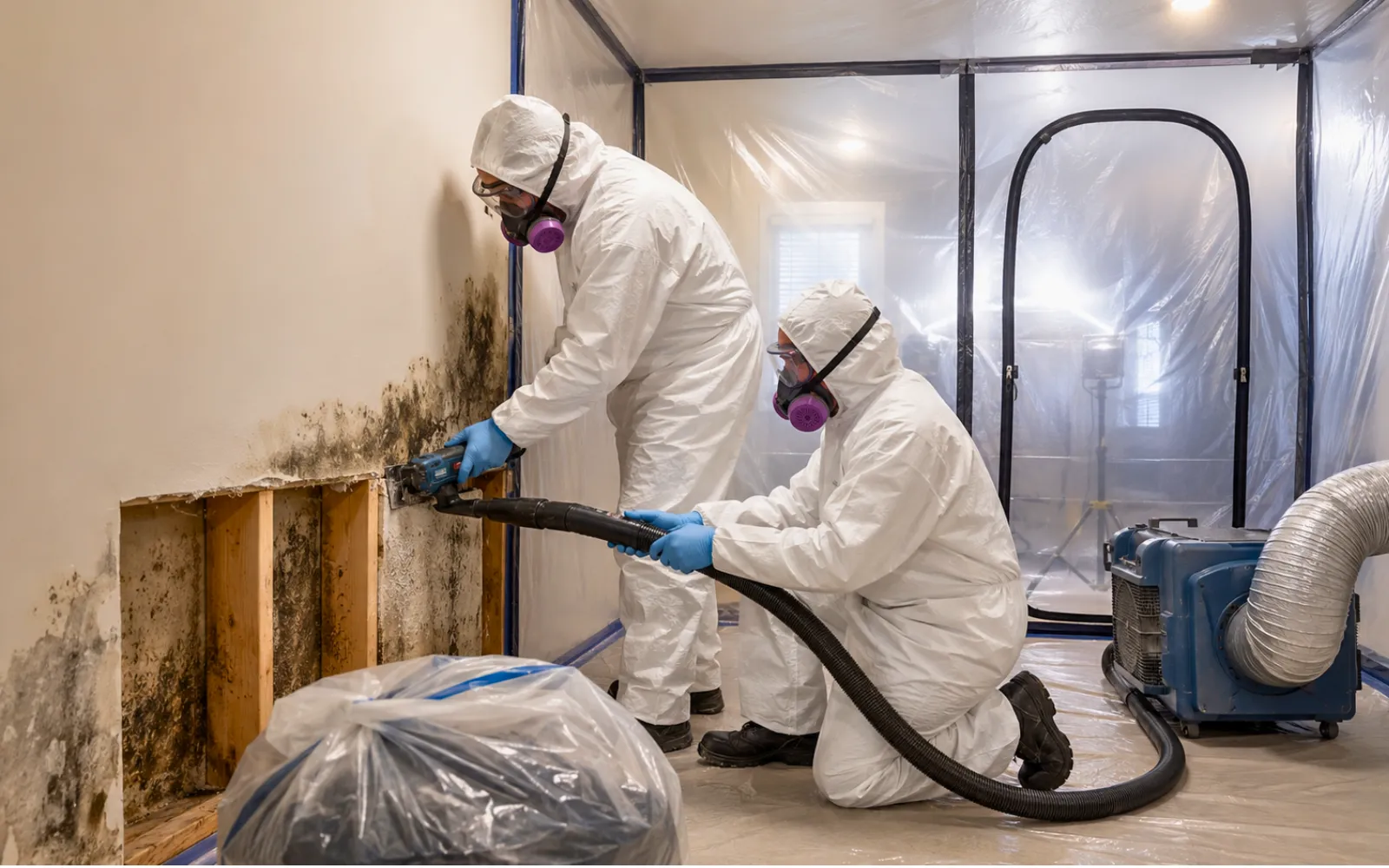 The Spootless team cutting out moldy drywall while HEPA vacuuming in a contained environment.
