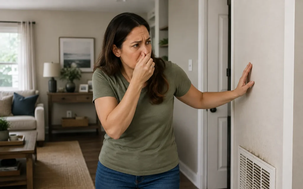 A homeowner in Lexington KY smelling a bad musty smell next to an HVAC vent
