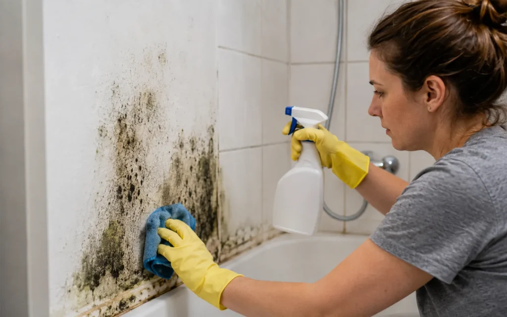 A homeowner in Lexington KY cleaning significant mold growth off a bathroom wall with improper PPE and containment