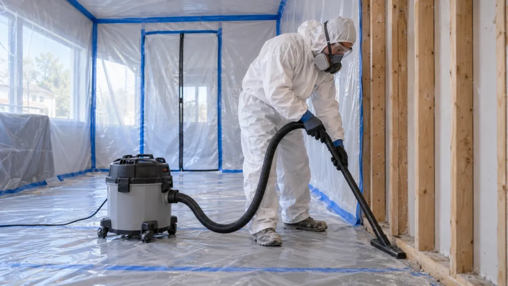 A member of Spotless' team using a HEPA vacuum in a contained space after mold has been removed from the home