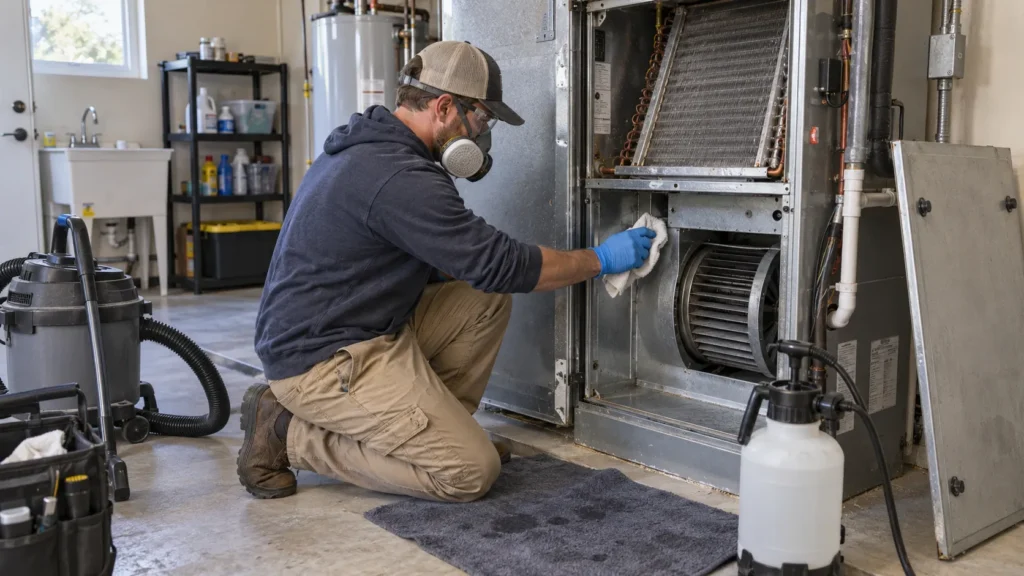 An HVAC system being cleaned and sanitized after a whole-home mold remediation project