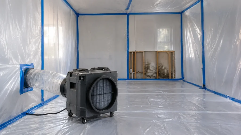 A HEPA filter air scrubber in a contained room, pulling mold spores out of the air