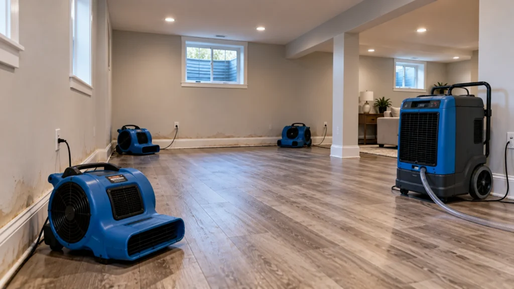 Air movers and dryers in place in a basement