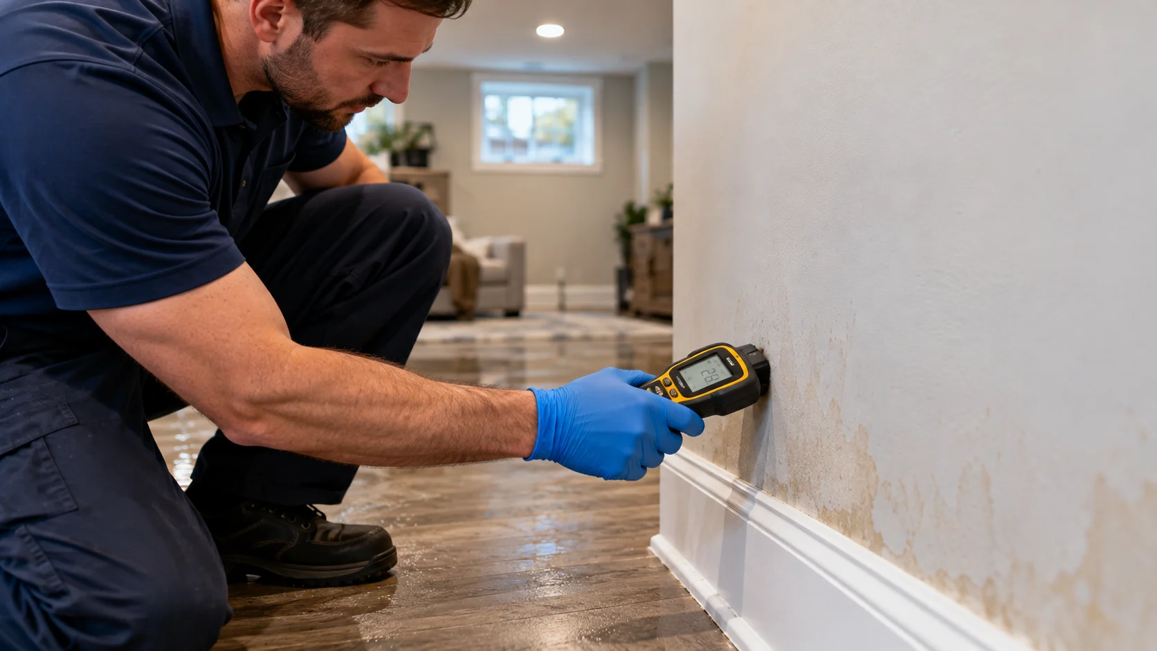 Moisture meter readings being taken in a basement